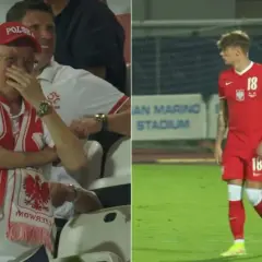 Wzruszony kibic w czapce "POLSKA" i szaliku z orłem, obok dumny nicola zalewski tata na boisku.