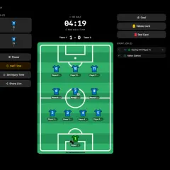 Boisko piłkarskie z zawodnikami, zegarem 04:19, wynikiem 1-0 i informacją o golu. Na ławce rezerwowych 2 zawodników. Skład drużyny widoczny na boisku.