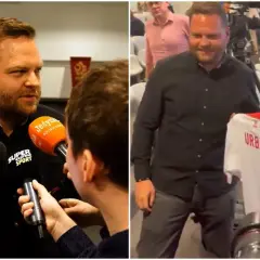 Jan Urban syn otrzymuje koszulkę z własnym nazwiskiem. Na drugim zdjęciu udziela wywiadu mediom.