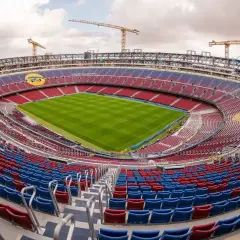Widok na pusty stadion z czerwono-niebieskimi trybunami, zieloną murawą i dźwigami w tle. To z pewnością najładniejszy stadion w Polsce, czekający na kibiców.