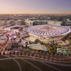 Nowoczesny kompleks sportowo-rekreacyjny z imponującym stadionem Inter Miami. Wokół boiska rozciąga się tętniące życiem centrum handlowo-rozrywkowe.