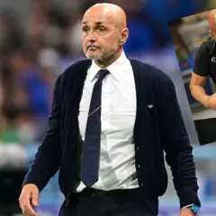 Łysy mężczyzna w koszuli i krawacie, przypominający trenera Juventusu, wstawiony obok zdjęcia tego samego mężczyzny w czarnej koszulce.