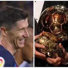 Uśmiechnięty Robert Lewandowski z dumą prezentuje Złotą Piłkę, symbol swojego piłkarskiego triumfu.