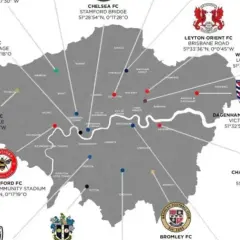 Mapa Londynu z zaznaczonymi stadionami piłkarzy z Londynu, m.in. Fulham FC, Chelsea FC, West Ham United.