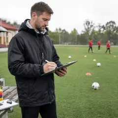 Trener notuje na tablicy podczas treningu piłkarskiego. Zastanawia się nad strategią, jakby analizował uefa pro cena.