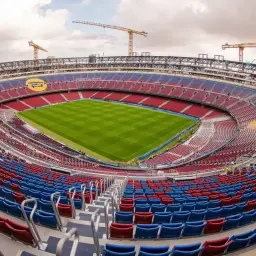 Widok na pusty stadion z czerwono-niebieskimi trybunami, zieloną murawą i dźwigami w tle. To z pewnością najładniejszy stadion w Polsce, czekający na kibiców.