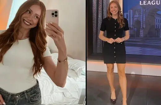 Matty Cash dziewczyna, piękna rudowłosa kobieta w białej bluzce i jeansach, a obok w czarnej sukience na tle ekranu z napisem "LEAGUE".