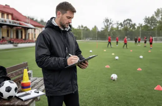 Trener notuje na tablicy podczas treningu piłkarskiego. Zastanawia się nad strategią, jakby analizował uefa pro cena.