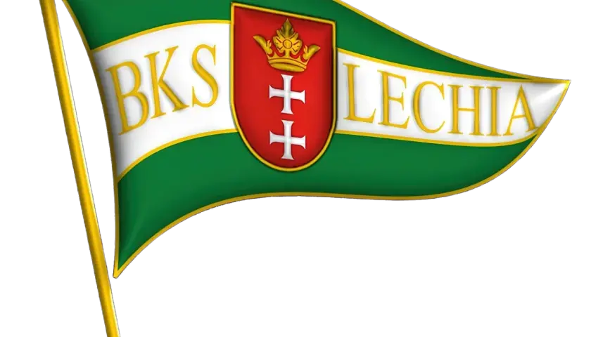 Flaga BKS Lechia Gdańsk z herbem i koroną. Symbol zgody i dumy kibiców.