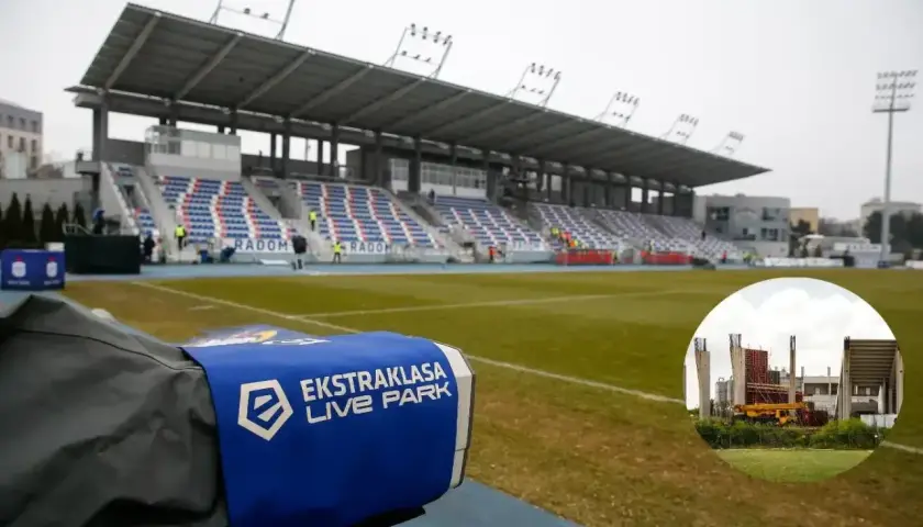 Stadion RKS Radomiak Radom w budowie. Widać trybuny, boisko i fragmenty prac budowlanych.