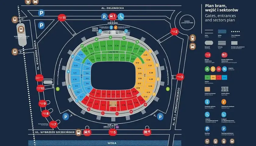 Plan bram, wejść i sektorów Stadionu Narodowego. Sprawdź, co można wnieść na stadion, gdzie są wejścia i parkingi.