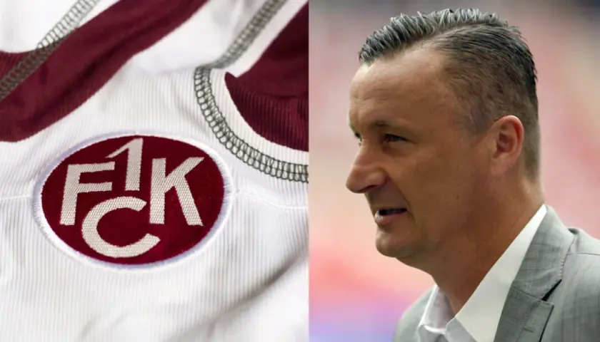 Herb 1. FC Kaiserslautern na białej koszulce obok profilu mężczyzny w szarym garniturze.