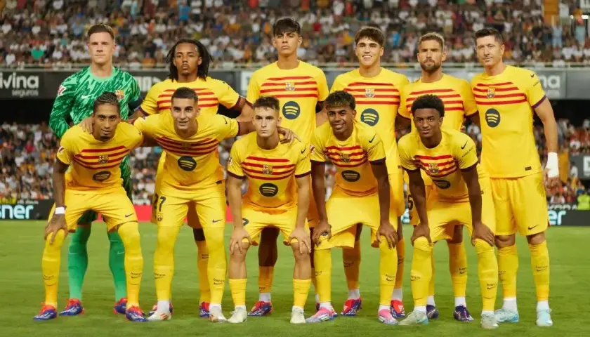 Drużyna FC Barcelona w żółtych strojach, z kapitanem na czele, gotowa do gry.