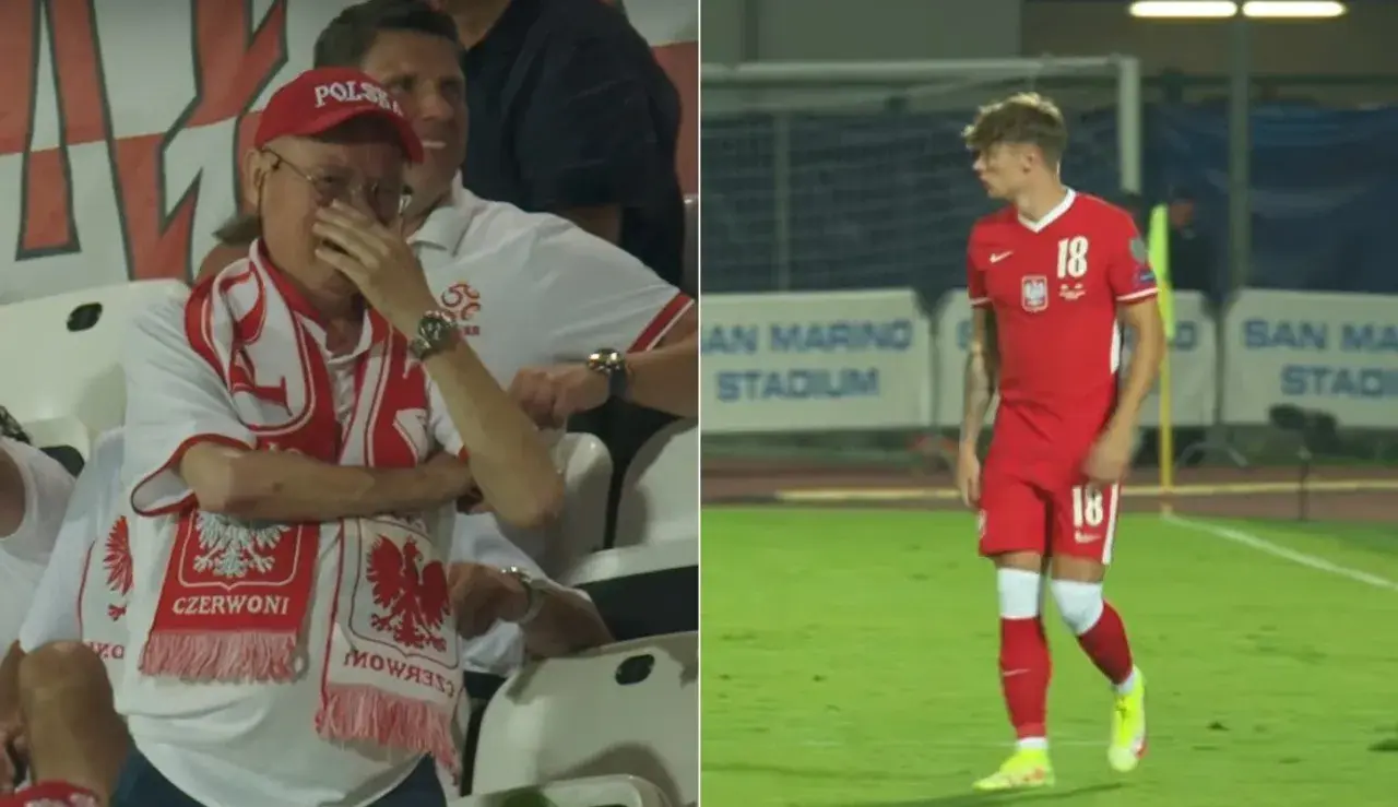 Wzruszony kibic w czapce "POLSKA" i szaliku z orłem, obok dumny nicola zalewski tata na boisku.