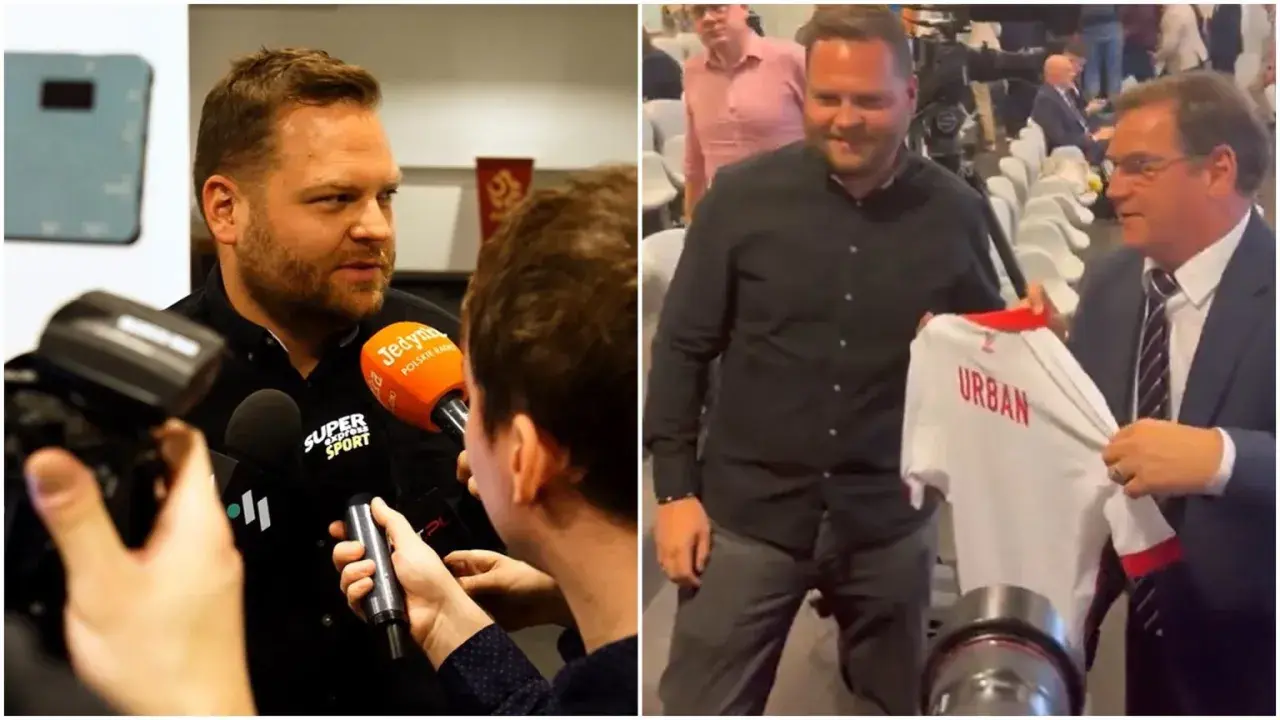Jan Urban syn otrzymuje koszulkę z własnym nazwiskiem. Na drugim zdjęciu udziela wywiadu mediom.