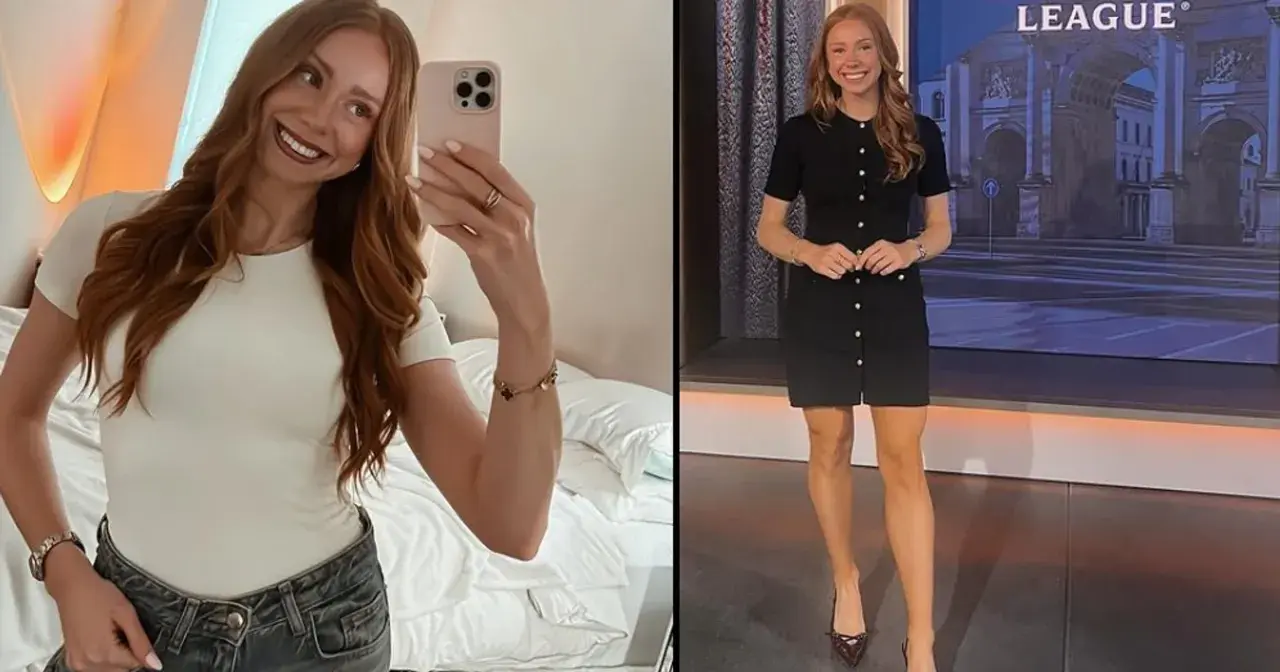 Matty Cash dziewczyna, piękna rudowłosa kobieta w białej bluzce i jeansach, a obok w czarnej sukience na tle ekranu z napisem "LEAGUE".