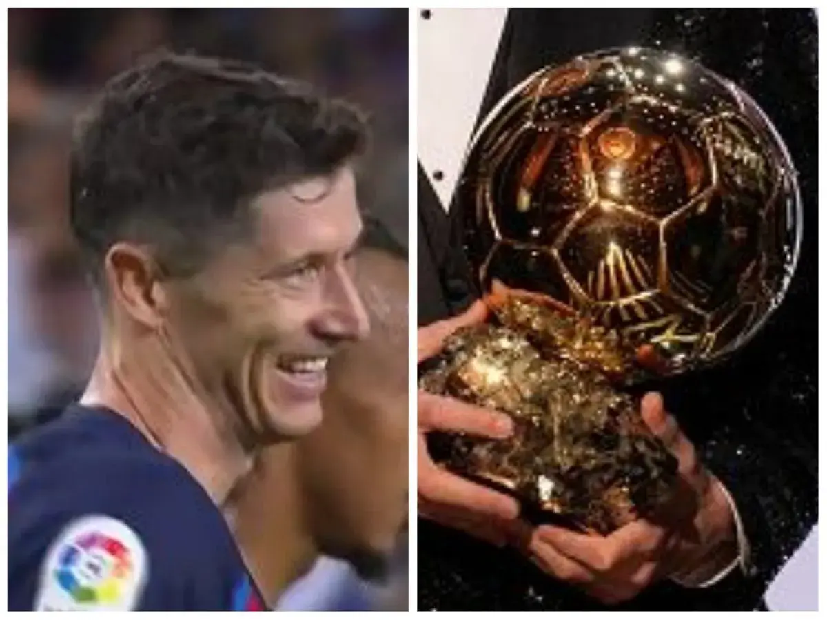 Uśmiechnięty Robert Lewandowski z dumą prezentuje Złotą Piłkę, symbol swojego piłkarskiego triumfu.