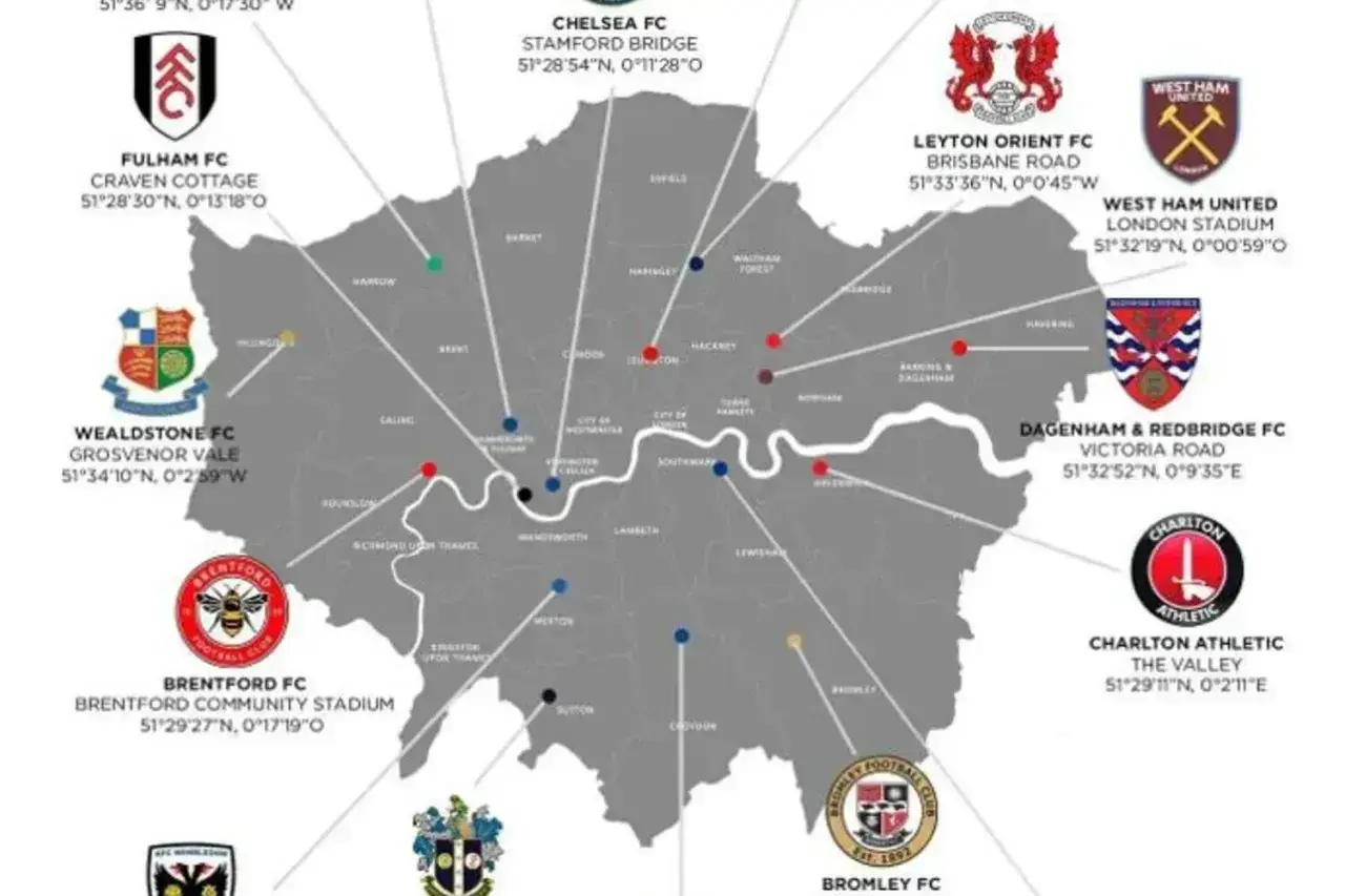 Mapa Londynu z zaznaczonymi stadionami piłkarzy z Londynu, m.in. Fulham FC, Chelsea FC, West Ham United.