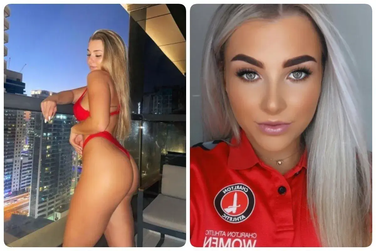 Madelene Wright w czerwonym bikini na balkonie z widokiem na miasto i Madelene Wright w czerwonej koszulce z logo Charlton Athletic.