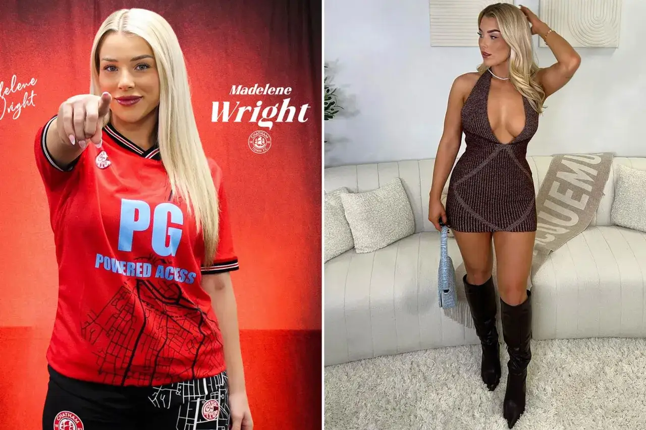 Madelene Wright w czerwonej koszulce sportowej i w błyszczącej sukience.