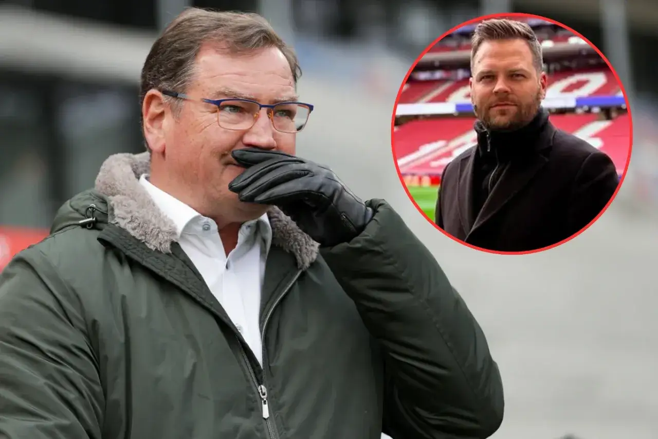 Jan Urban syn, w okularach i rękawiczkach, w tle młodszy mężczyzna w czarnym płaszczu na tle stadionu.