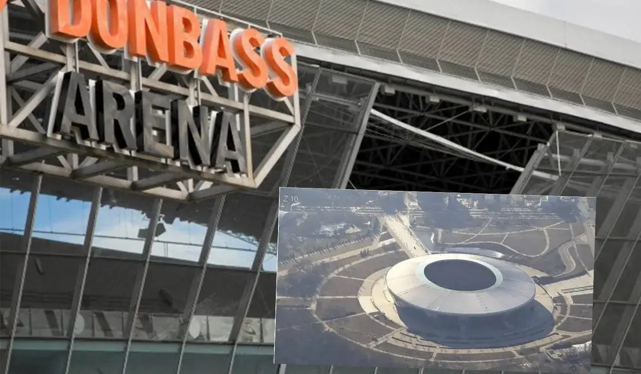 Widok na stadion w Doniecku, z napisem