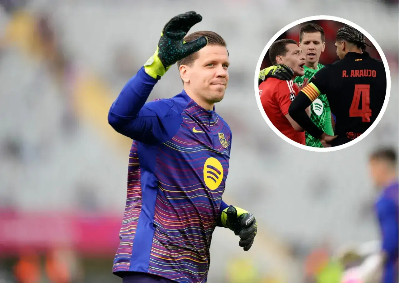 Bramkarz Barcelony, Ter Stegen, pozdrawia kibiców. W okręgu widać dyskusję między zawodnikami, w tym R. Araujo, który jest kapitanem Barcelony.