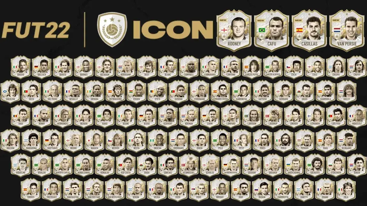 Wirtualna drużyna marzeń z gry FUT22: znani piłkarze jak Rooney, Cafu, Casillas, Van Persie, Beckham, Zidane i wielu innych legendarnych graczy.