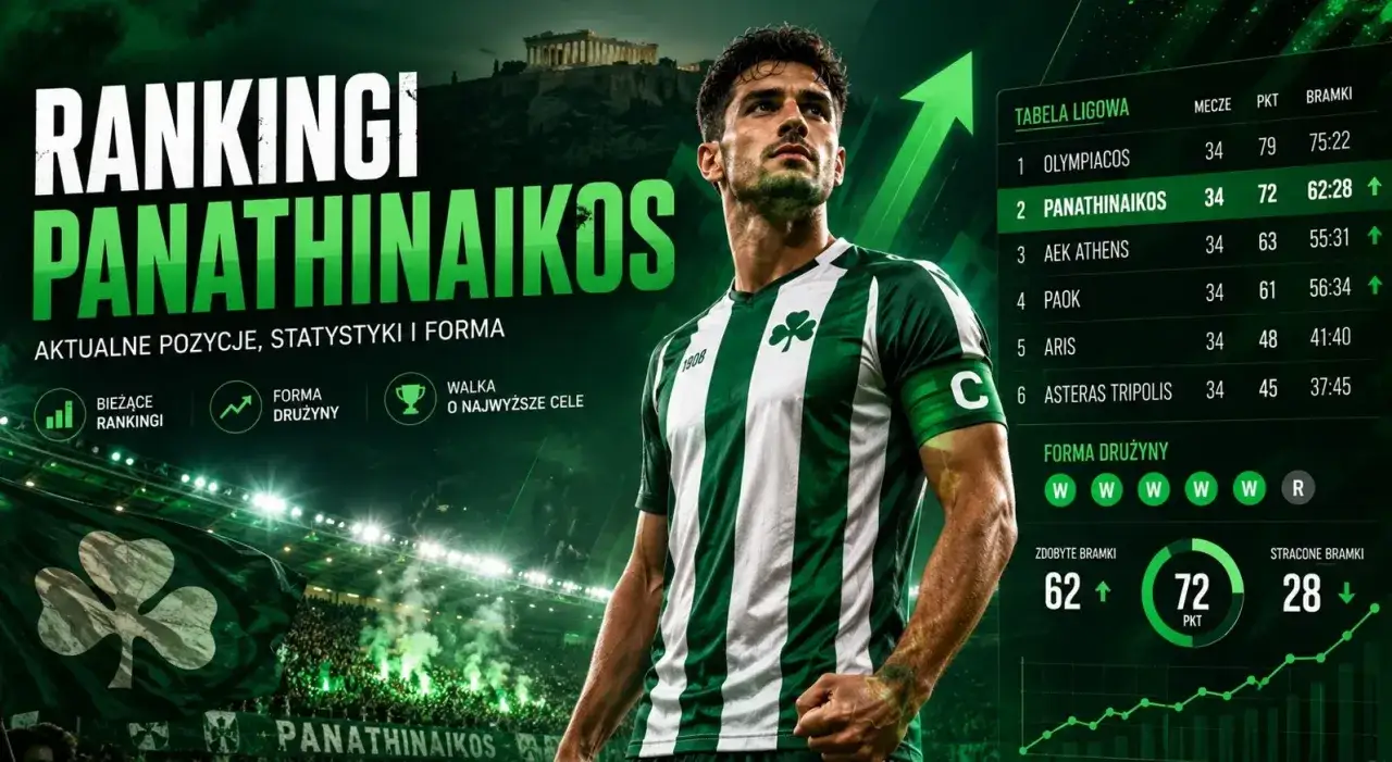 Panathinaikos – zawodnicy w zielono-białych strojach na tle stadionu i Akropolu. Tabela ligowa pokazuje drugie miejsce Panathinaikos z 72 punktami.