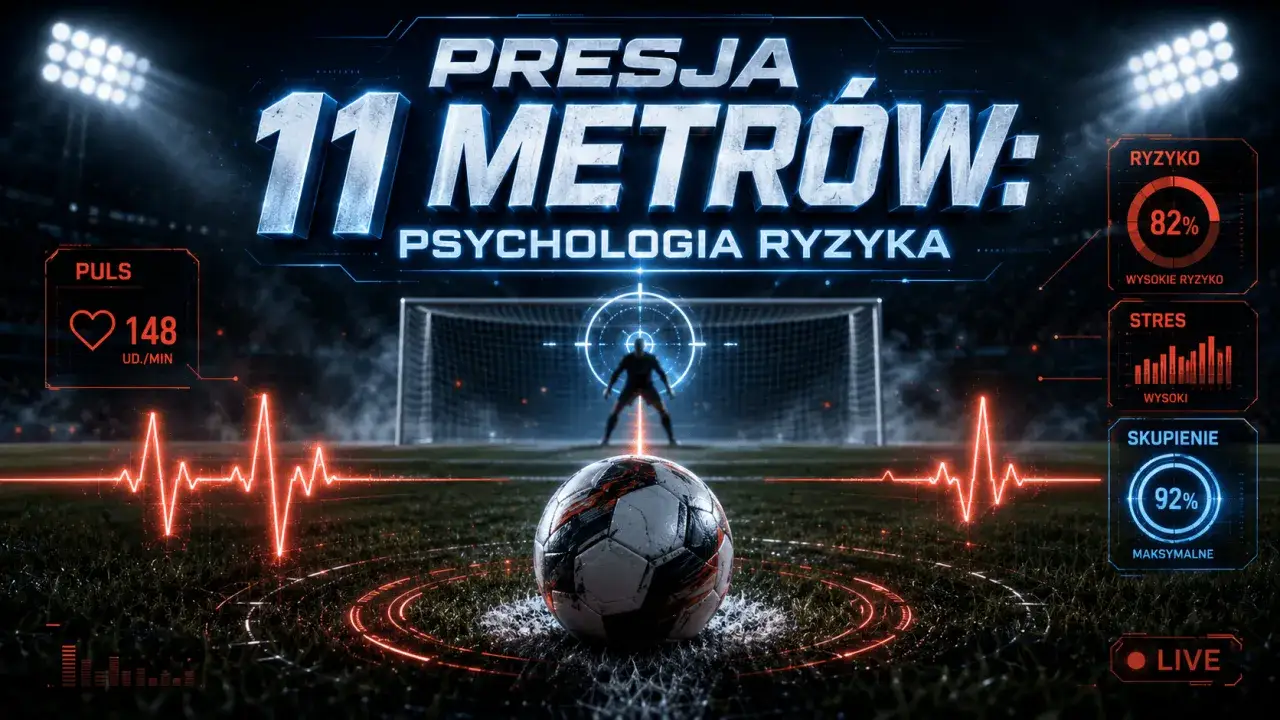 Piłkarz przygotowuje się do wykonania rzutu karnego. Na ekranie widać analizę psychologiczną: wysokie ryzyko, stres i skupienie.